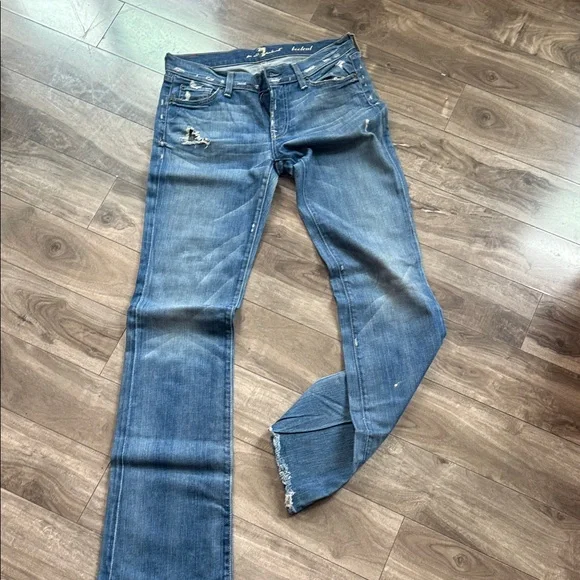 7 For All Mankind Distressed Blue Boot Cut Jeans - Picture 3 of 4